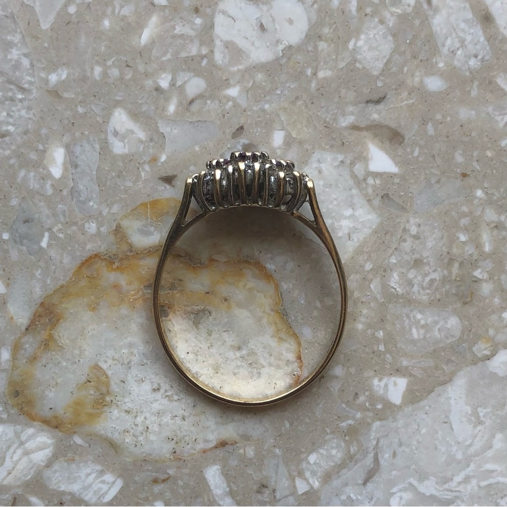 Vintage Ruby Diamond Halo Three Gem Yellow Gold Ring - Picture 11 of 11